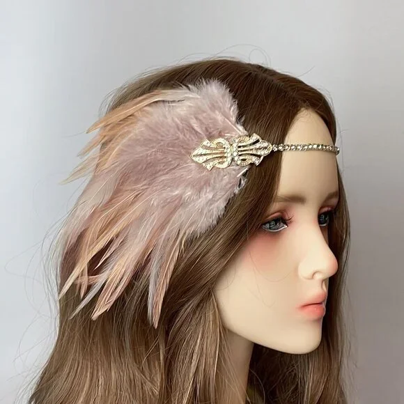 1920s Flapper Headband Pink Feathers Rhinestones Gatsby Style for Women - Picture 2 of 4